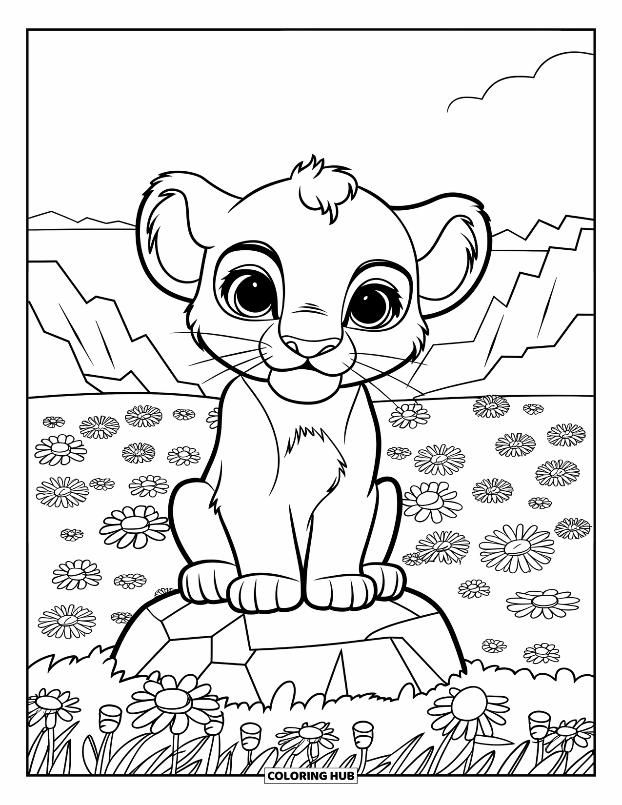 Chibi Animal Coloring Page for Kids: Lion cub sits proudly in a meadow full of colorful flowers and sunshine
