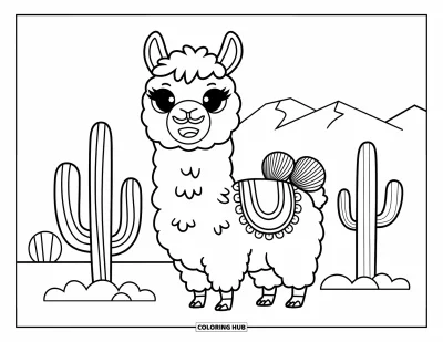 Tegning af chibi-dyr til børn: Lama med tandsmil og pomponer står ved kaktusser og fjerne bjerge