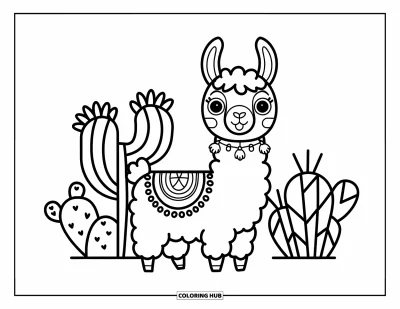Tegning af chibi-dyr til børn: Lama med pomponer og store øjne står ved siden af en kaktus på hvid baggrund