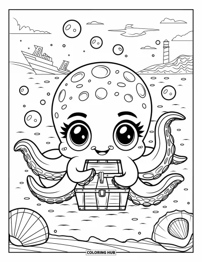 Tegning af chibi-dyr til børn: Blæksprutte med store øjne holder en skattekiste ved muslinger og et skibsvrag