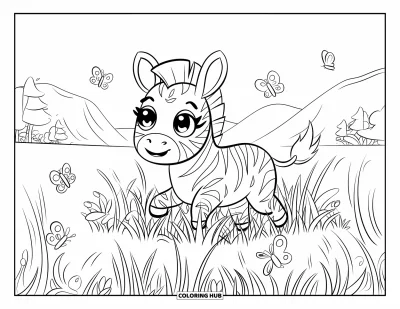 Tegning af chibi-dyr til børn: Legesyg zebra med store øjne tumler mellem sommerfugle på en græsmark