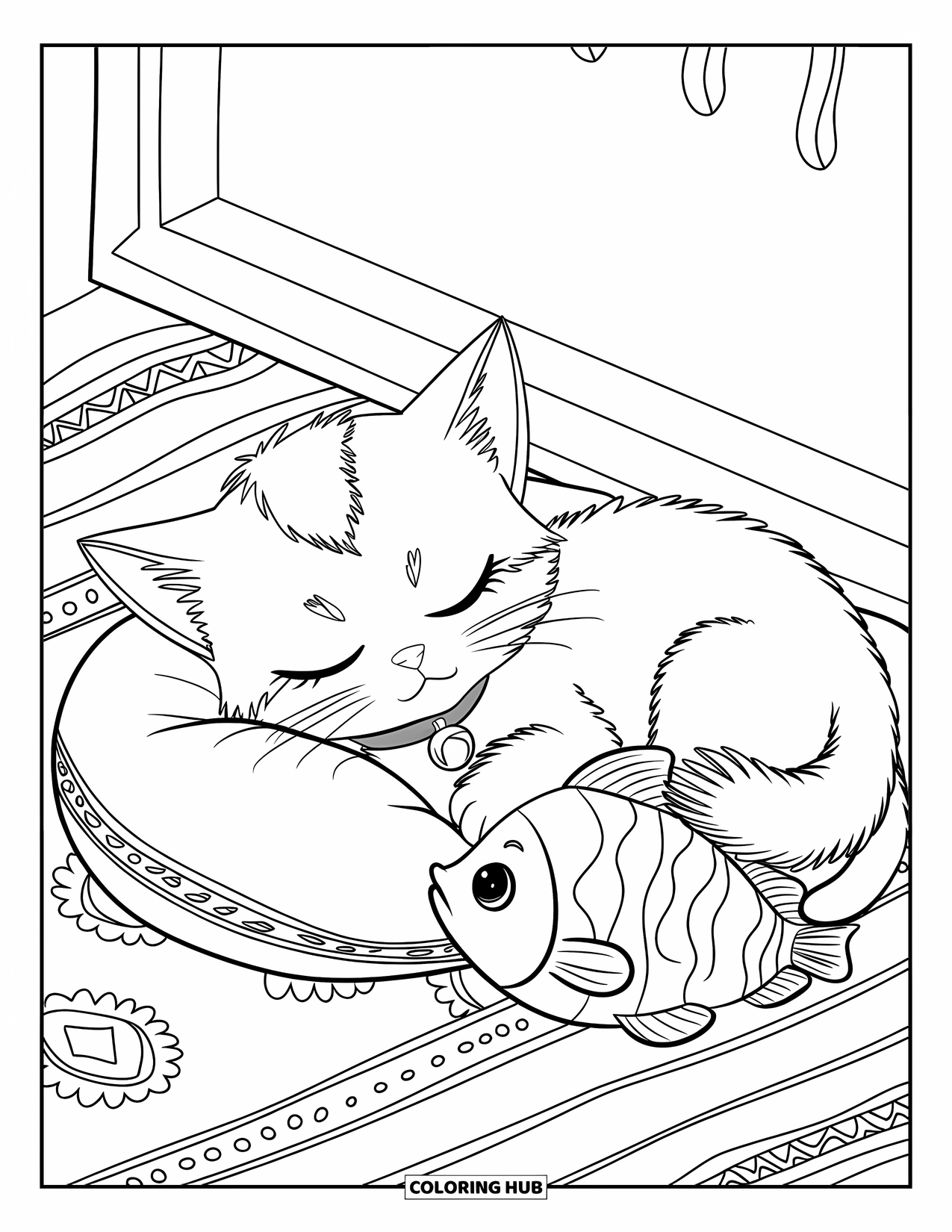 Chibi Animal Coloring Page for Kids: Sleeping kitten with a fish toy rests on a pillow with patterned floor