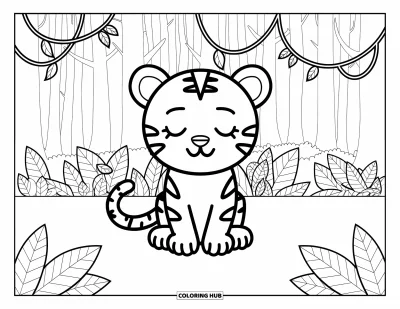 Tegning af chibi-dyr til børn: Søvnig tiger sidder blandt høje jungletræer omgivet af lianer og blade