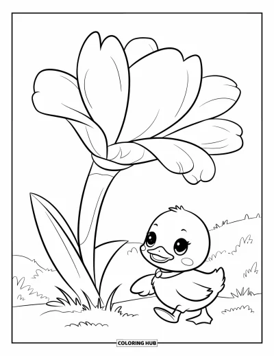 Tegning af chibi-dyr til børn: Smilende ælling med halsbånd strolser forbi en kæmpeblomst på en græsmark