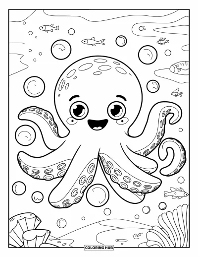 Tegning af chibi-dyr til børn: Smilende blæksprutte med store øjne flyder nær koral, fisk og bobler