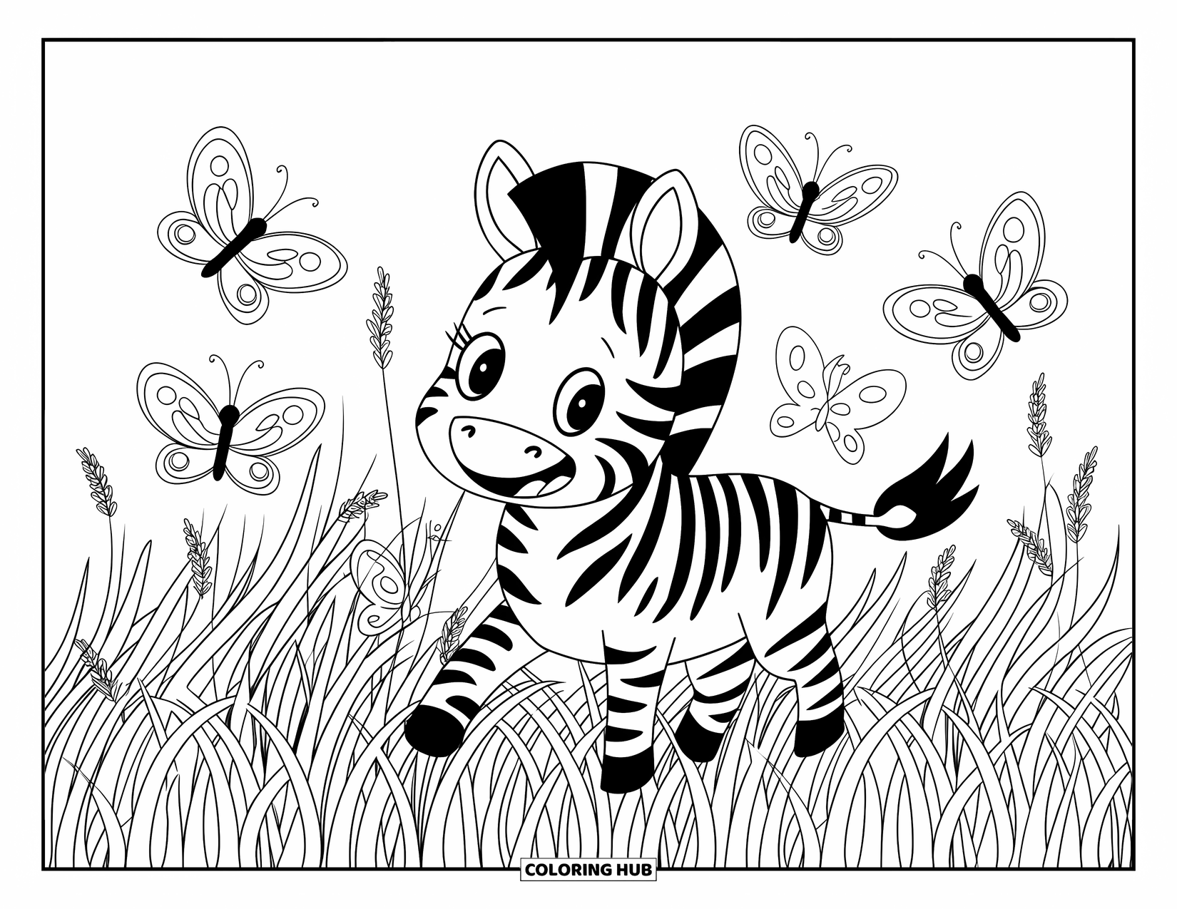 Chibi Animal Coloring Page for Kids: Smiling zebra plays in tall grass with round-winged butterflies