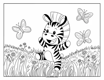 Tegning af chibi-dyr til børn: Zebra med hat griner mens sommerfugle svirrer i en græsmark