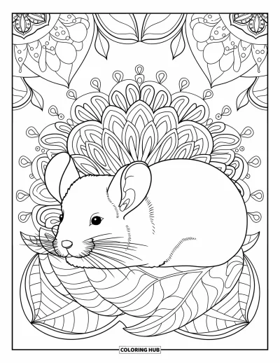 Coloriage de chinchilla pour adultes : Un chinchilla paisible niché dans des couches de feuilles encadrées par des mandalas décoratifs aux contours marqués