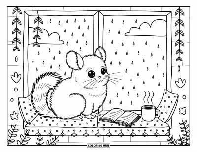 Coloriage de chinchilla pour adultes : Un chinchilla apaisé sur un siège de fenêtre sous la pluie avec des objets réconfortants à proximité