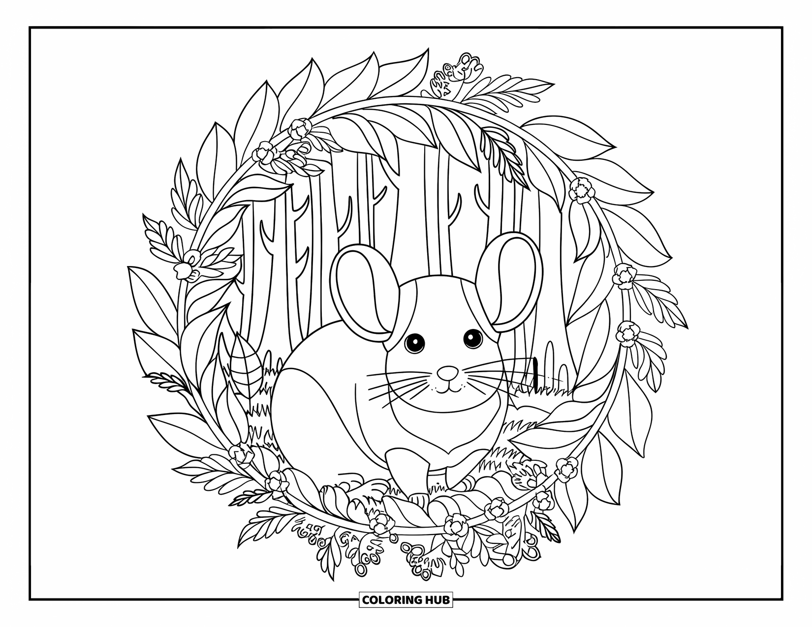 Chinchilla Coloring Page for Adults: A calm chinchilla sits in a detailed forest wreath filled with leaves, blooms, and critters