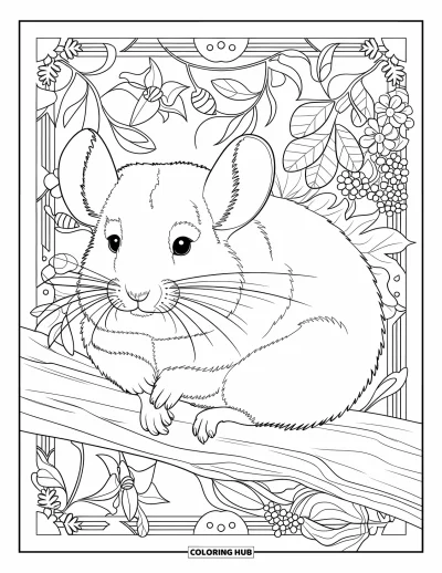 Coloriage de chinchilla pour adultes : Un chinchilla tranquille au milieu de feuilles, de fleurs et de lianes botaniques tourbillonnantes
