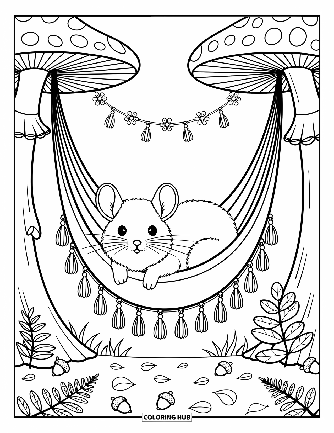Chinchilla Coloring Page for Adults: A chinchilla dozes in a hammock with flower garlands and forest details all around