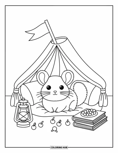 Coloriage de chinchilla pour adultes : Un chinchilla se cache dans un fort de coussins avec une lanterne, des baies et sa queue touffue qui dépasse