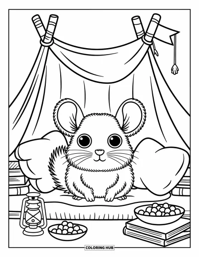 Coloriage de chinchilla pour adultes : Un chinchilla se repose dans un fort de couvertures fait de livres, de coussins et d'un fanion chaleureux