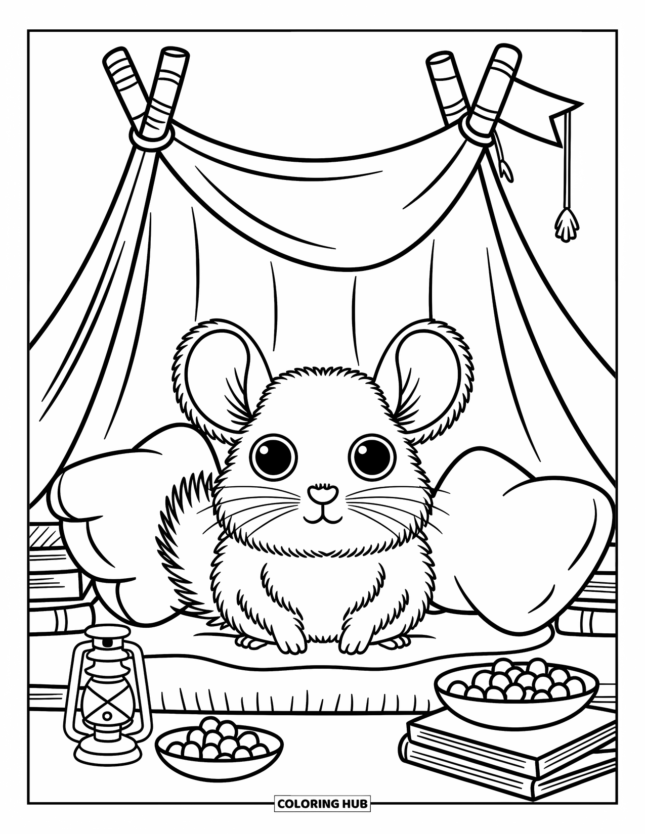Chinchilla Coloring Page for Adults: A chinchilla lounges under a blanket fort made of books, pillows, and a cozy flag