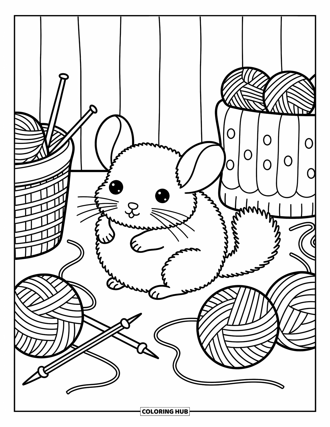 Chinchilla Coloring Page for Adults: A chinchilla plays in oversized yarn balls with knitting supplies and a folded sweater nearby