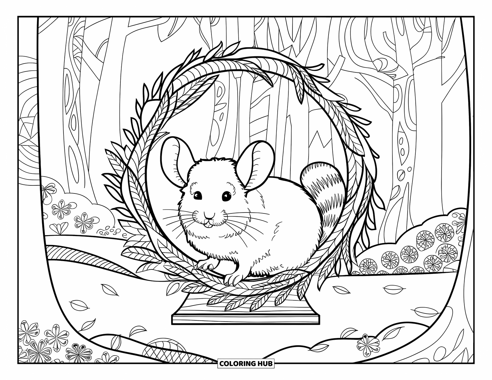 Chinchilla Coloring Page for Adults: A chinchilla rests in a decorative circle of forest leaves with tall patterned trees nearby