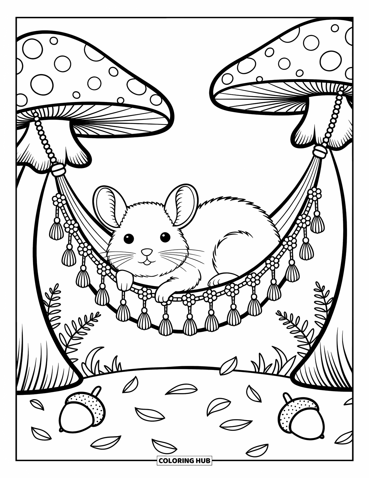 Chinchilla Coloring Page for Adults: A chinchilla rests in a hammock between big mushrooms, surrounded by flowers and acorns