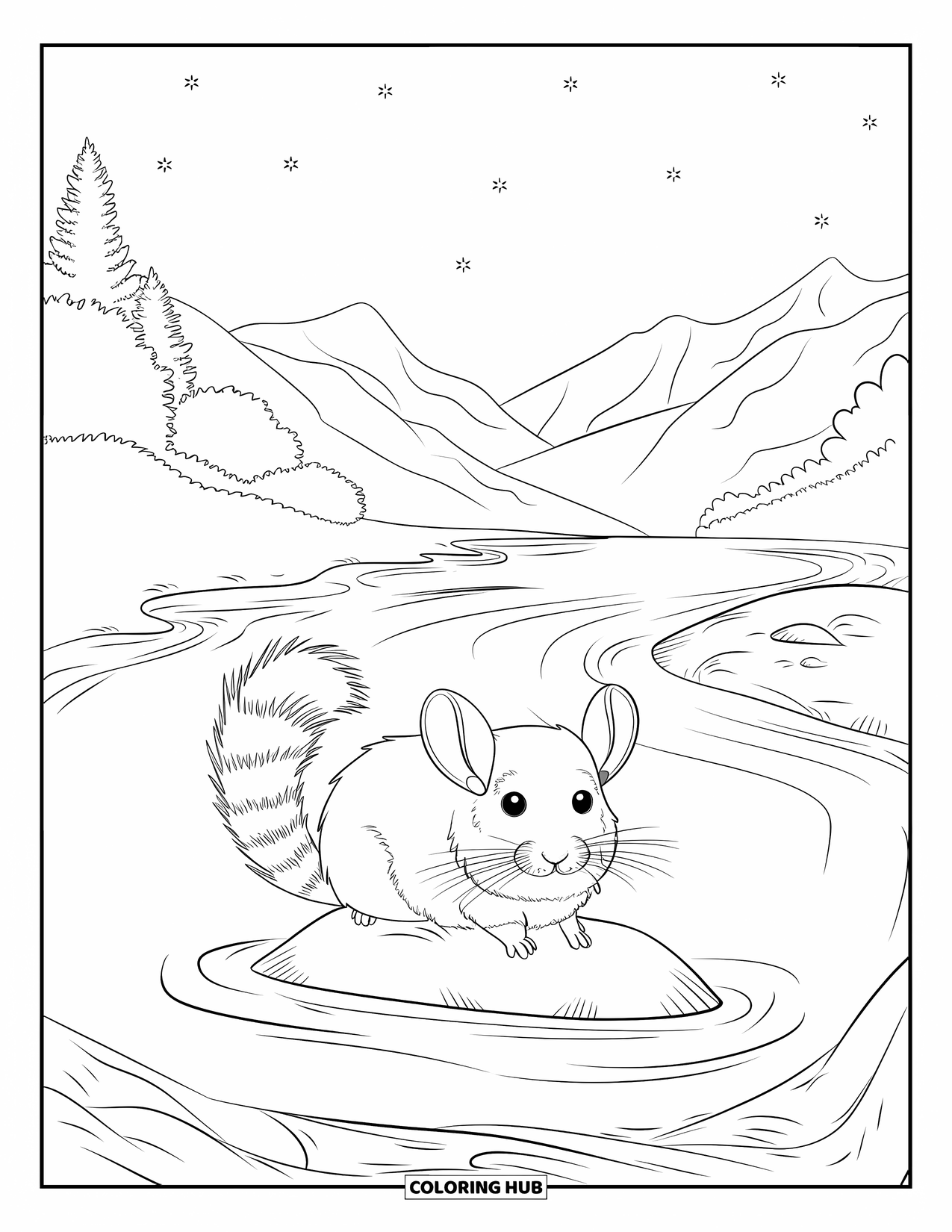 Chinchilla Coloring Page for Adults: A chinchilla rests on a river rock surrounded by trees, stars, and peaceful mountain views