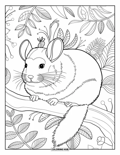 Coloriage de chinchilla pour adultes : Un chinchilla assis sur une branche entouré de feuilles tourbillonnantes, de fleurs et de lianes botaniques