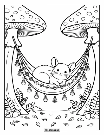 Coloriage de chinchilla pour adultes : Un chinchilla se balance dans un hamac-champignon parmi des pétales délicats, des fougères et une atmosphère apaisante