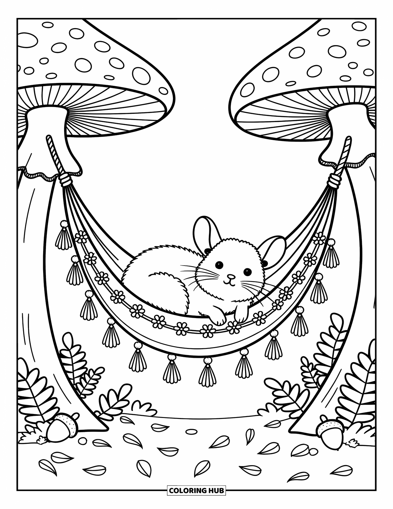 Chinchilla Coloring Page for Adults: A chinchilla swings in a mushroom hammock with soft petals, ferns, and peaceful charm