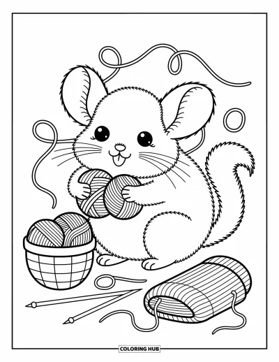 Coloriage de chinchilla pour adultes : Un chinchilla emmêlé dans de la laine joue près d'aiguilles à tricoter et d'un panier de pelotes