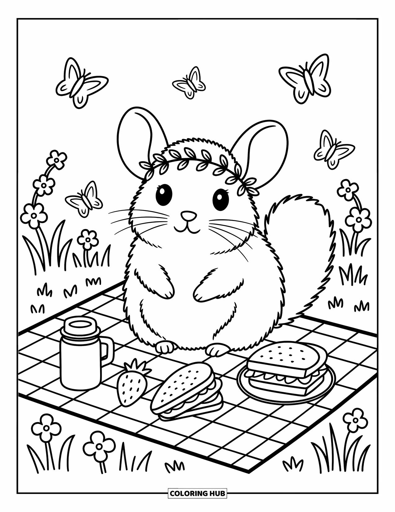 Chinchilla Coloring Page for Adults: A chinchilla with a leaf crown sits on a picnic blanket with strawberries and sandwiches