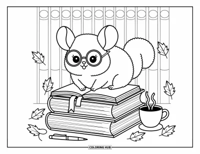 Coloriage de chinchilla pour adultes : Un chinchilla à lunettes assis parmi des livres, sirotant un thé dans un adorable coin lecture