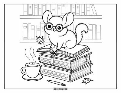Coloriage de chinchilla pour adultes : Un chinchilla à lunettes assis sur une pile de livres près d'un thé, de feuilles et d'un livre ouvert