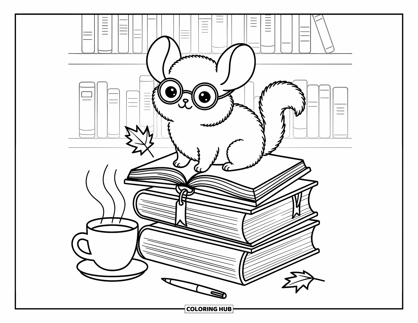Chinchilla Coloring Page for Adults: A chinchilla with glasses sits on a book stack beside tea, leaves, and an open book