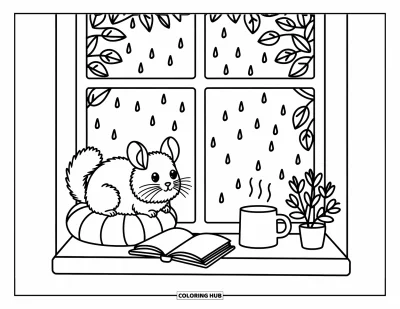 Coloriage de chinchilla pour adultes : Un chinchilla douillet observe la pluie depuis une fenêtre avec une boisson chaude et un livre ouvert