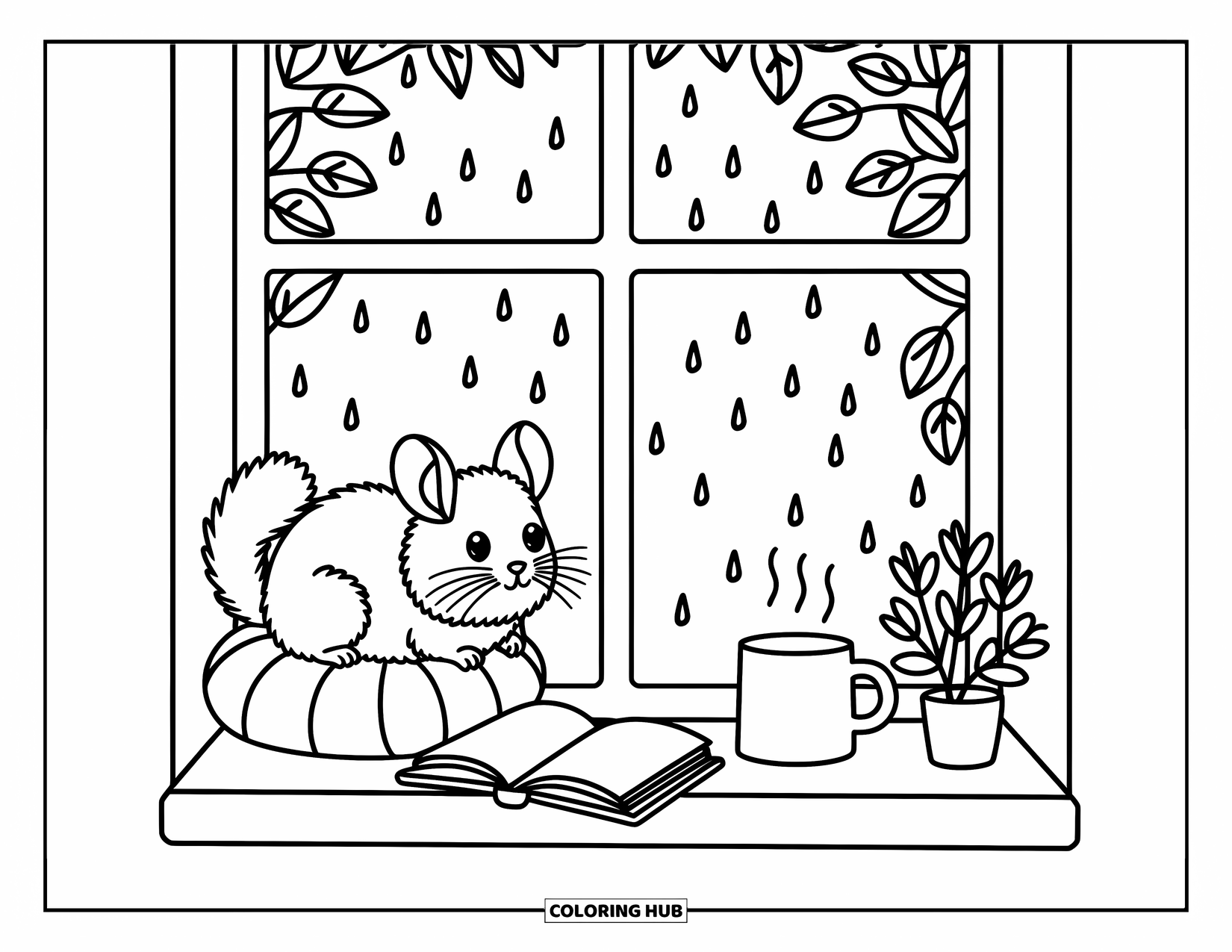 Chinchilla Coloring Page for Adults: A cozy chinchilla watches the rain from a window with a warm drink and an open book