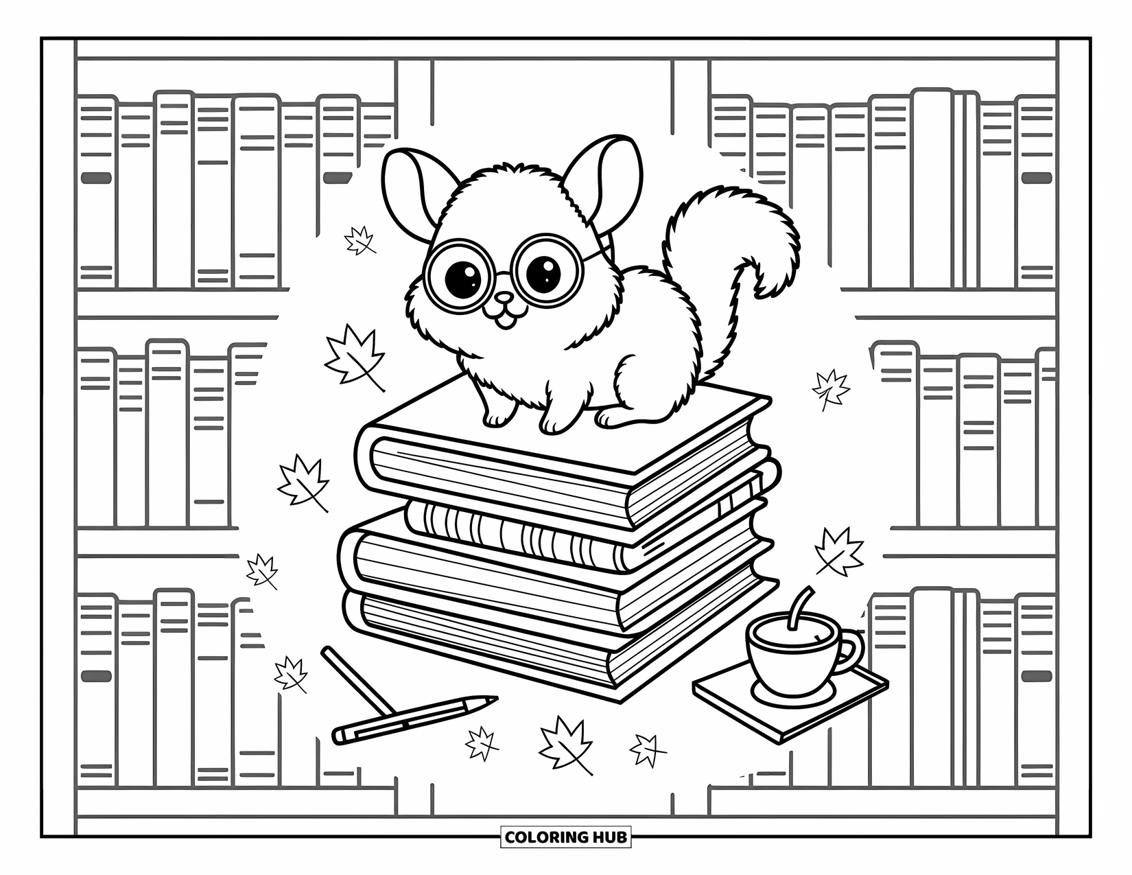 Chinchilla Coloring Page for Adults: A curious chinchilla perches on books with glasses, tea, and cozy fall touches nearby
