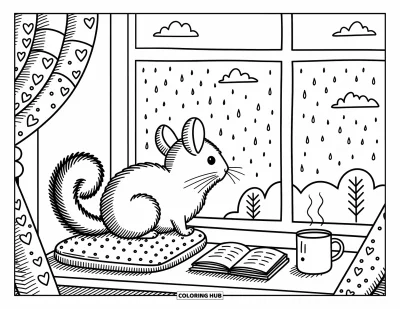 Coloriage de chinchilla pour adultes : Un chinchilla duveteux contemple une fenêtre sous la pluie près d'un livre, d'une tasse et d'une plante feuillue