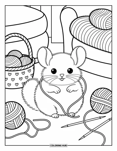 Coloriage de chinchilla pour adultes : Un chinchilla duveteux joyeusement emmêlé dans des pelotes de laine avec des aiguilles à tricoter et un pull