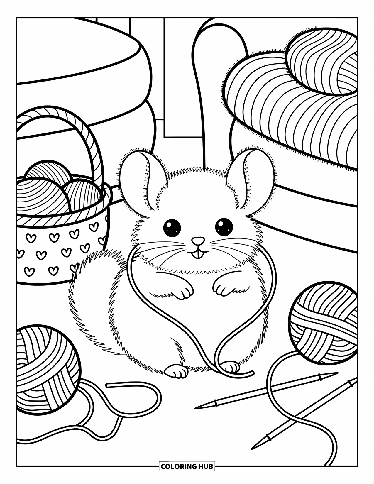 Chinchilla Coloring Page for Adults: A fluffy chinchilla is happily caught in yarn balls beside knitting tools and a sweater