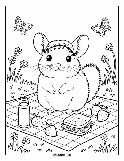 Coloriage de chinchilla pour adultes : Un chinchilla couronné de feuilles pique-nique sur une couverture avec des fruits, des en-cas et des papillons virevoltants
