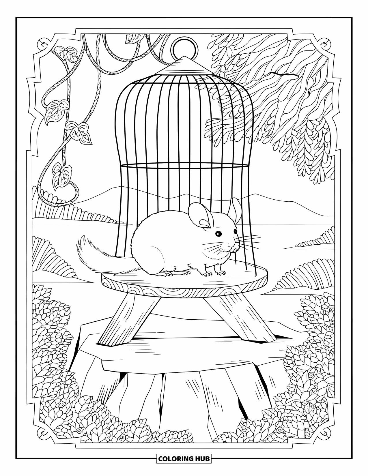 Chinchilla Coloring Page for Adults: A perched chinchilla stands inside a cage with a mountain scene and vine-framed border