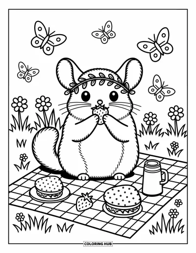 Coloriage de chinchilla pour adultes : Un chinchilla joueur grignote une fraise lors d'un pique-nique dans un pré avec des papillons et des en-cas