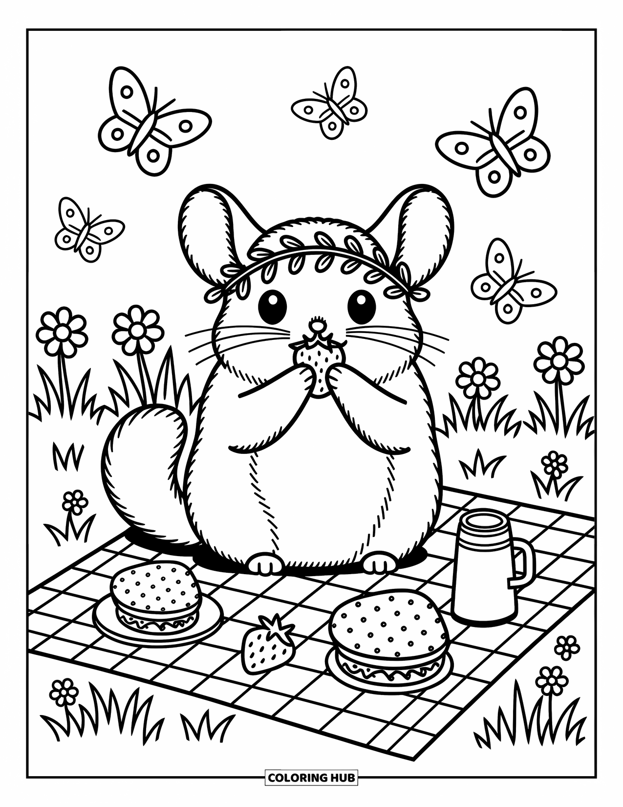 Chinchilla Coloring Page for Adults: A playful chinchilla nibbles a strawberry during a meadow picnic with butterflies and snacks