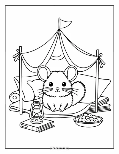 Coloriage de chinchilla pour adultes : Un chinchilla satisfait assis dans un fort de couvertures fait main avec des coussins, des baies et une lanterne