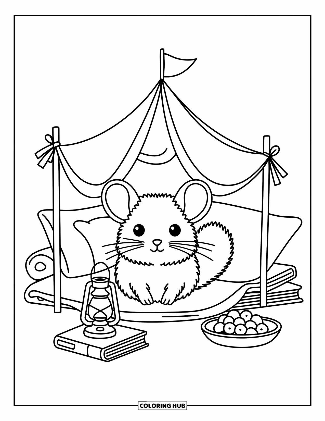 Chinchilla Coloring Page for Adults: A proud chinchilla sits inside a handmade blanket fort with cushions, berries, and a lantern