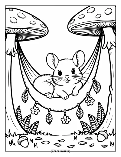Coloriage de chinchilla pour adultes : Un chinchilla détendu se prélasse dans un hamac tendu entre deux grands champignons forestiers