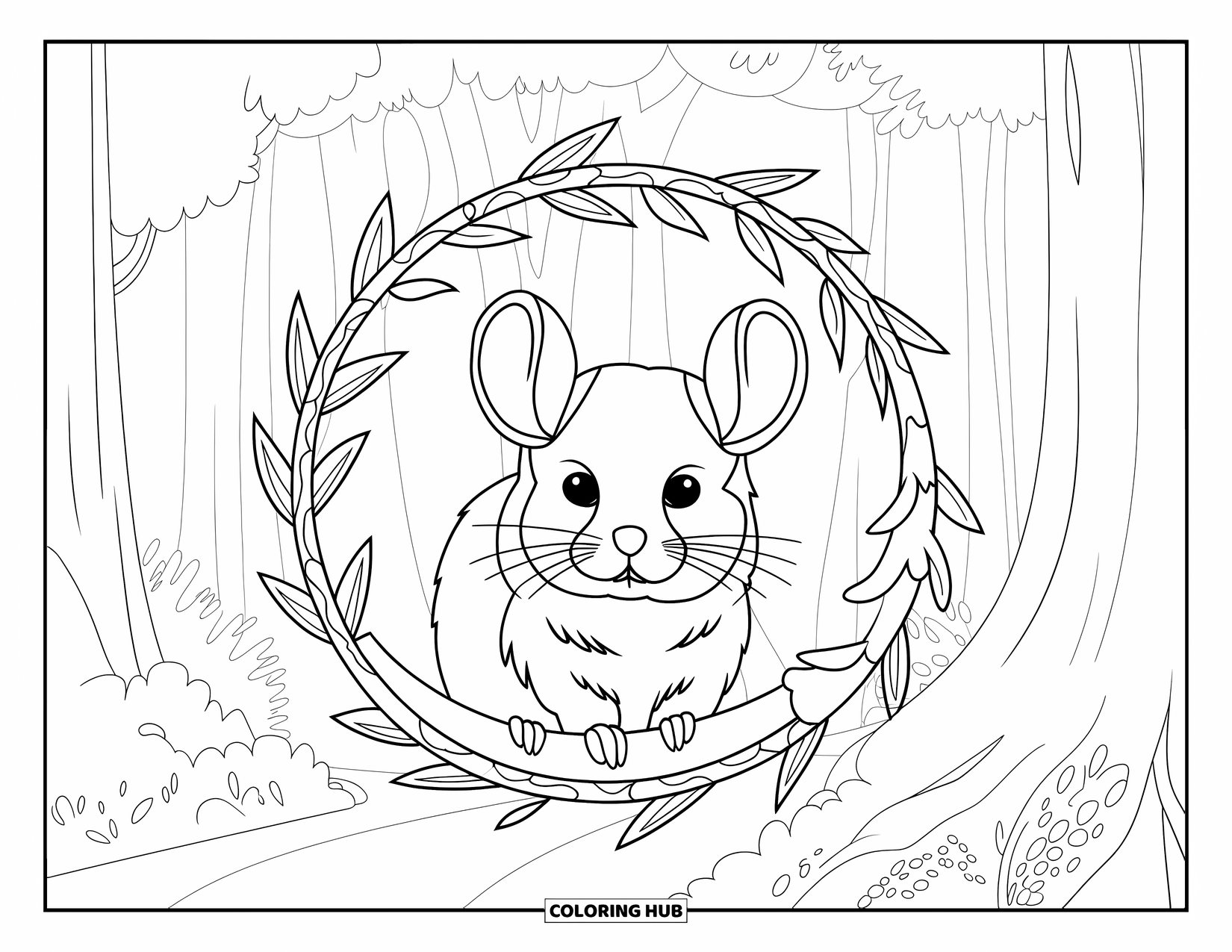 Chinchilla Coloring Page for Adults: A relaxed chinchilla rests in a leafy ring with trees and vines forming a peaceful forest