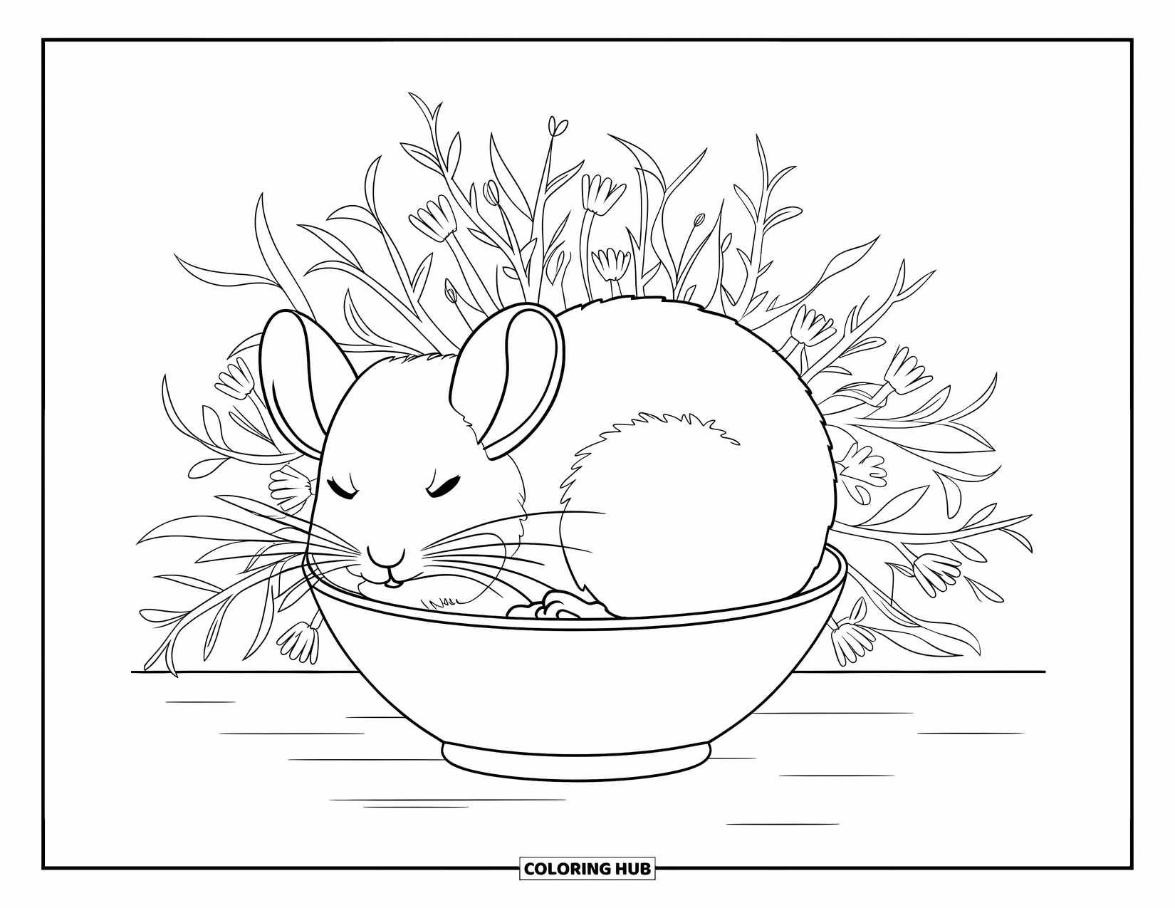 Chinchilla Coloring Page for Adults: A resting chinchilla sleeps in a bowl amid an intricate design of twigs and flowers