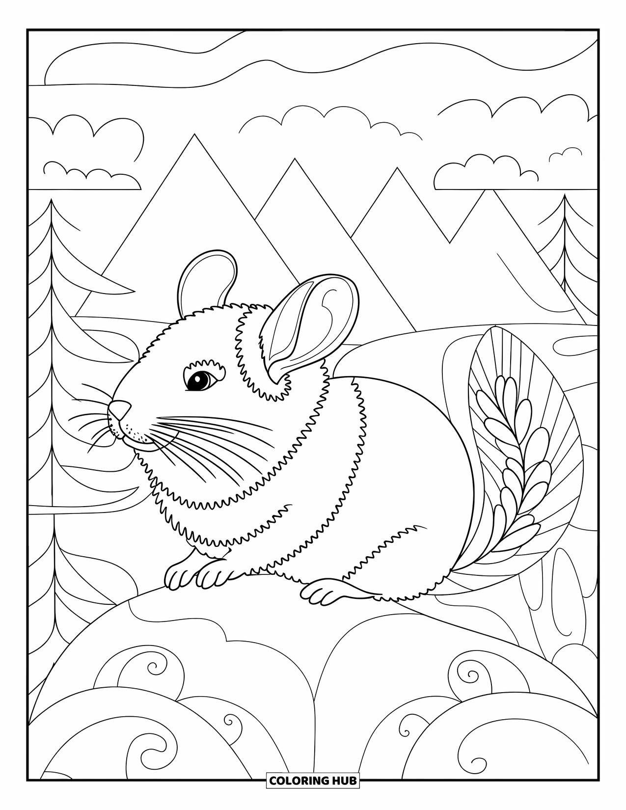 Chinchilla Coloring Page for Adults: A side-view chinchilla sits on a rock with swirling patterns and decorative forest details