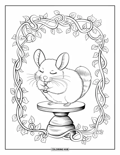 Coloriage de chinchilla pour adultes : Un chinchilla somnolent sur un perchoir en bois tenant une petite cloche dans un cadre feuillu