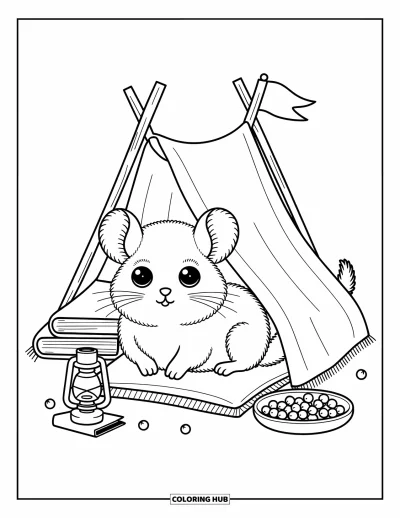 Coloriage de chinchilla pour adultes : Un petit chinchilla fièrement installé dans un fort de couvertures rempli d'en-cas réconfortants et de coussins moelleux