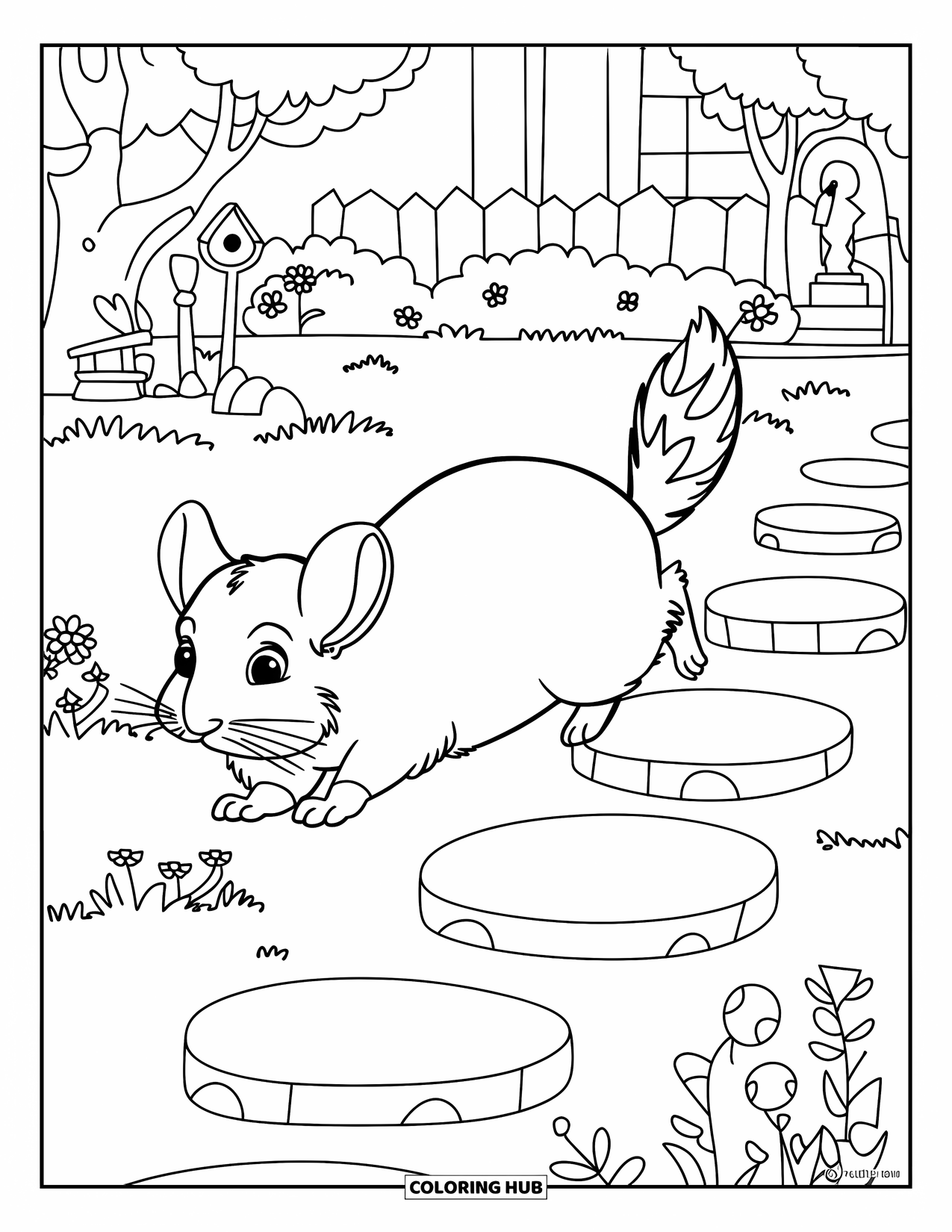 Chinchilla Coloring Page for Kids: Chinchilla bounces over stones through a lush garden with flowers and a birdhouse